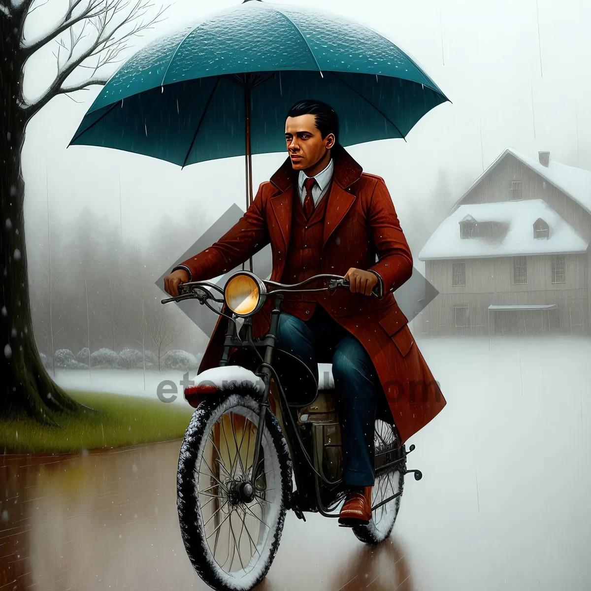 Picture of Man riding bicycle with umbrella cart