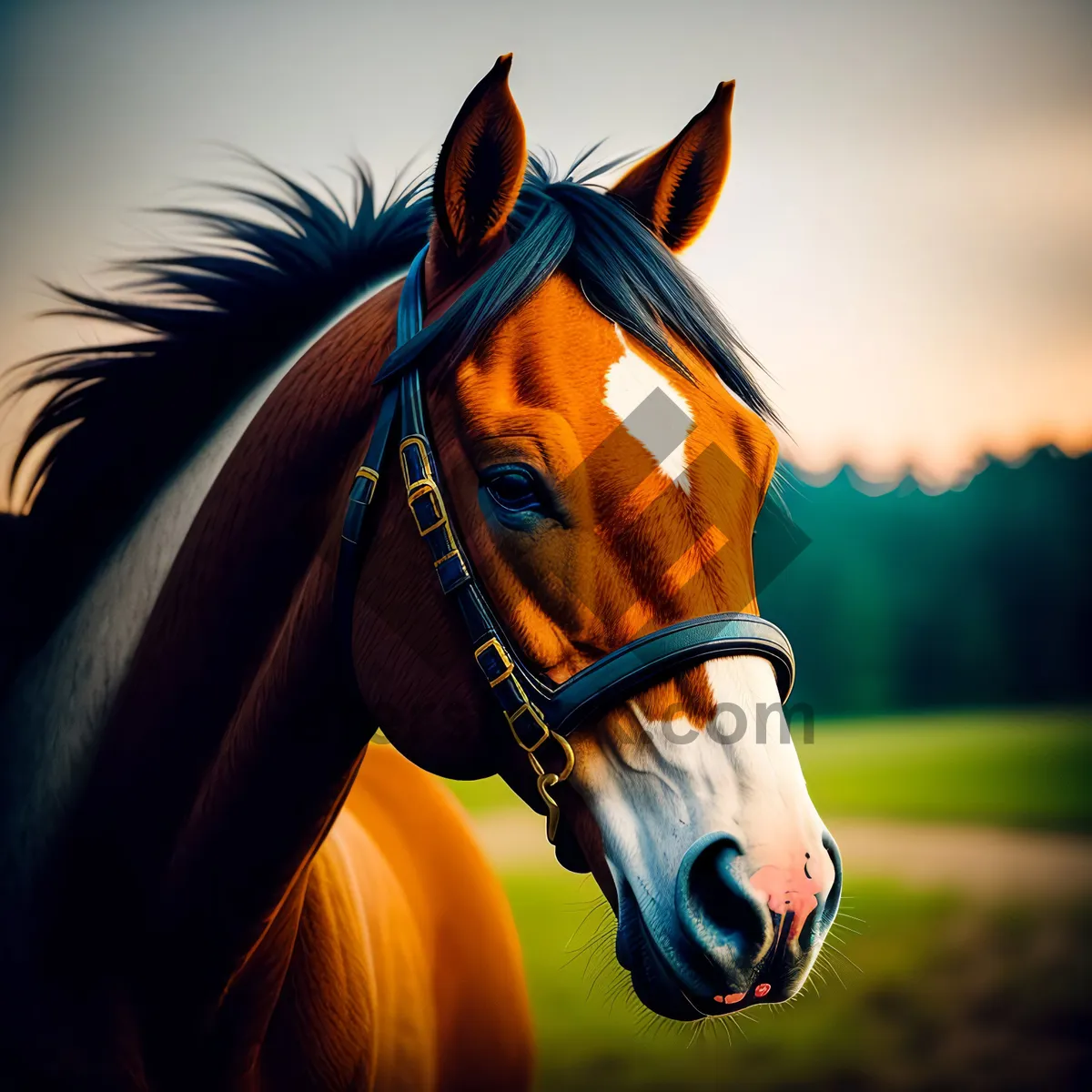 Picture of Thoroughbred Stallion with Brown Mane in Meadow