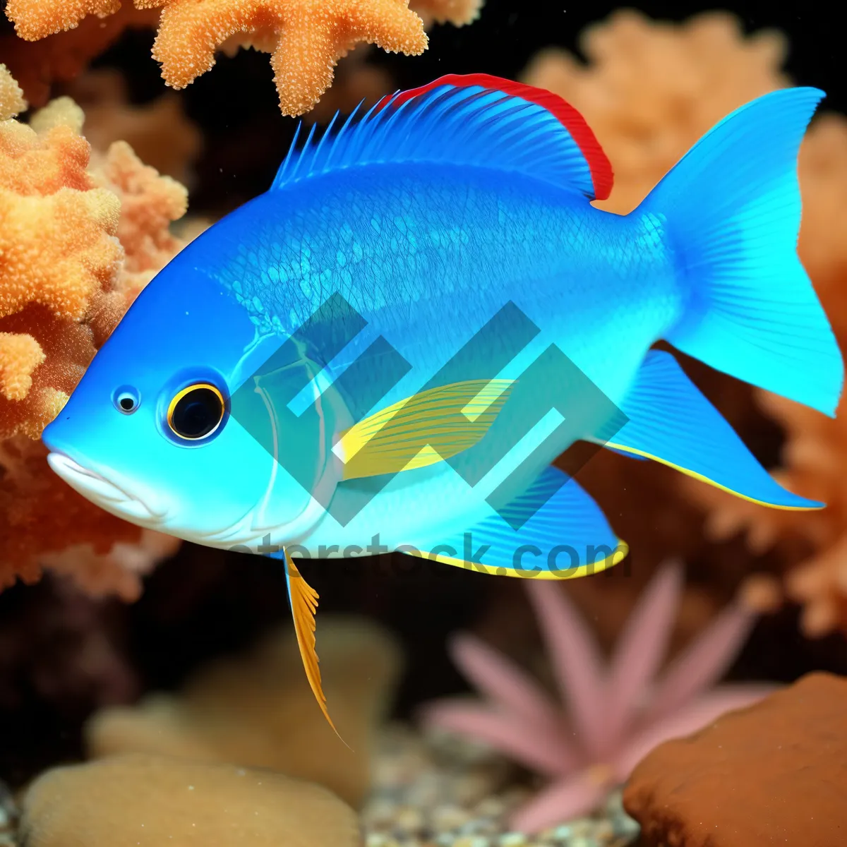 Picture of Vibrant Goldfish Swimming in Coral Reef Aquarium