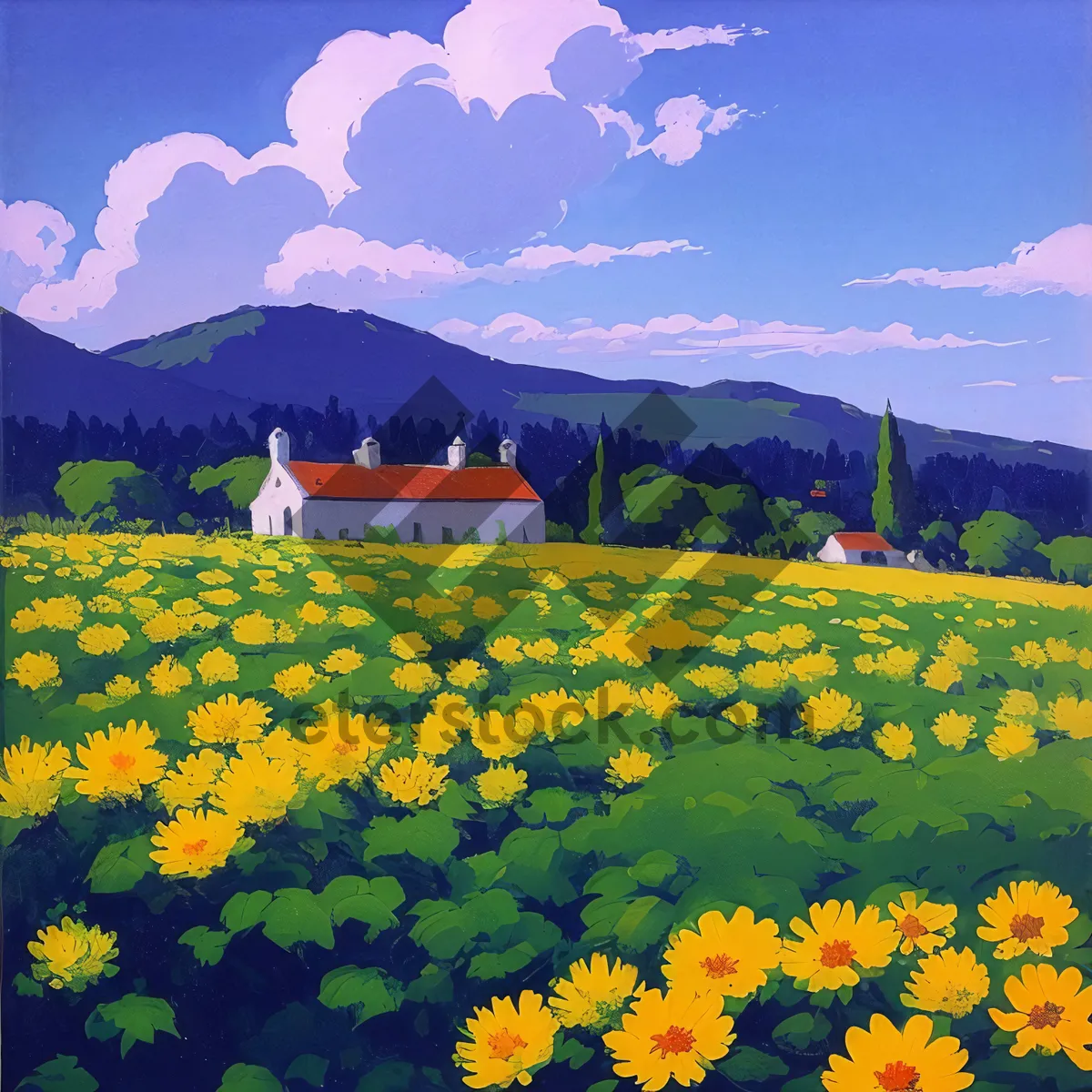 Picture of Vibrant Summer Landscape with Sunflowers and Tulips