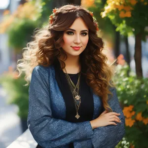 Fashion model with stunning smile in park.