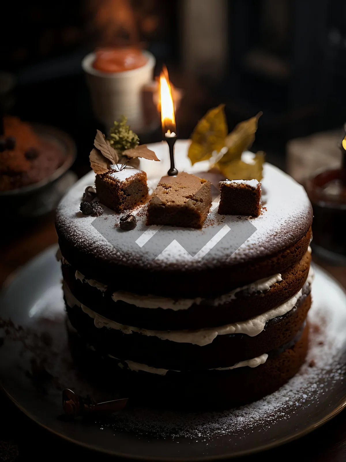 Picture of Decadent Chocolate Cake with Creamy Sauce and Candles.