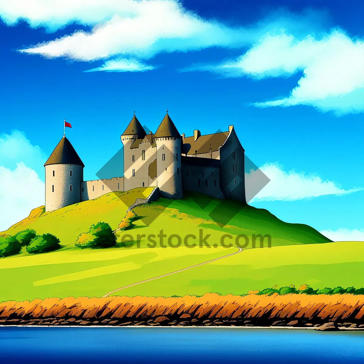 Picture of Serene Countryside Castle under Blue Sky