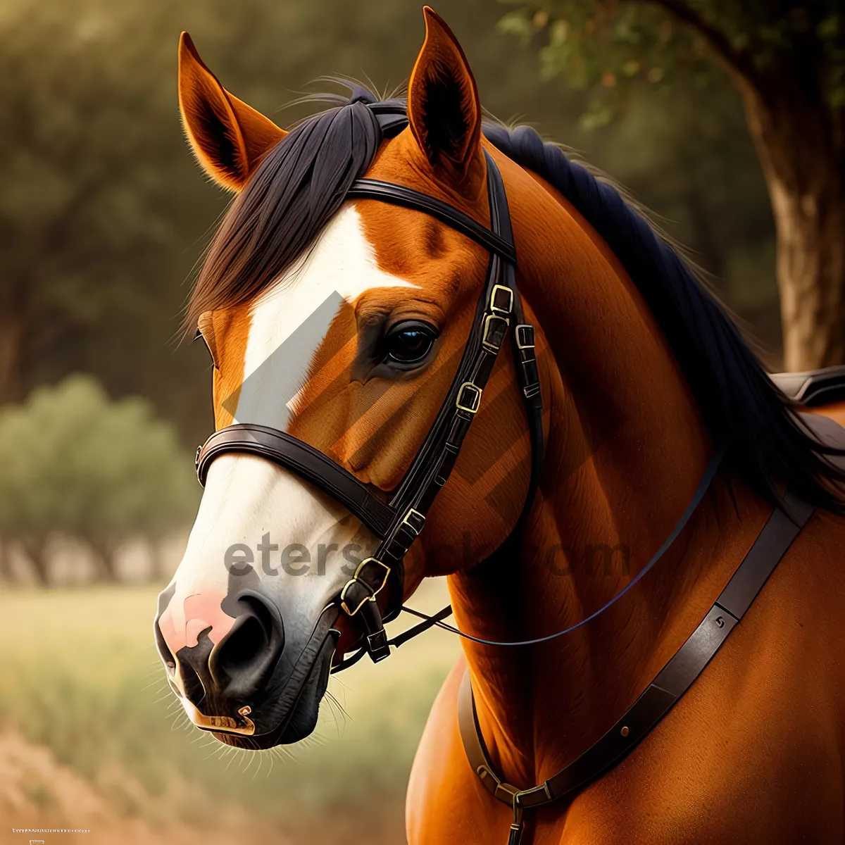Picture of Thoroughbred stallion with brown mane in field