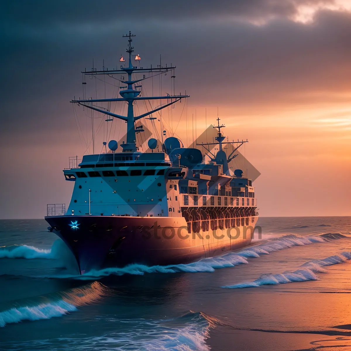 Picture of Oceanic Cargo Vessel in Harbor: Serene Maritime transportation under clear sky.