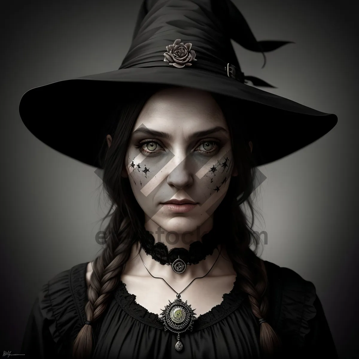 Picture of Attractive sorcerer in black fashion hat.