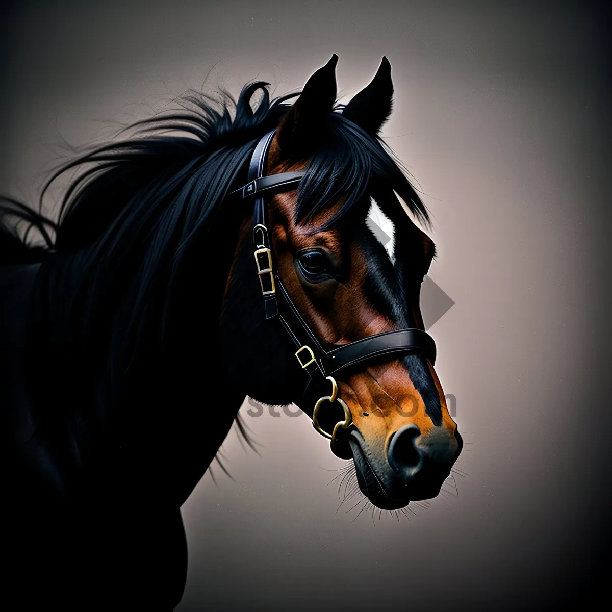 Picture of Majestic chestnut stallion with bridled head in a stable