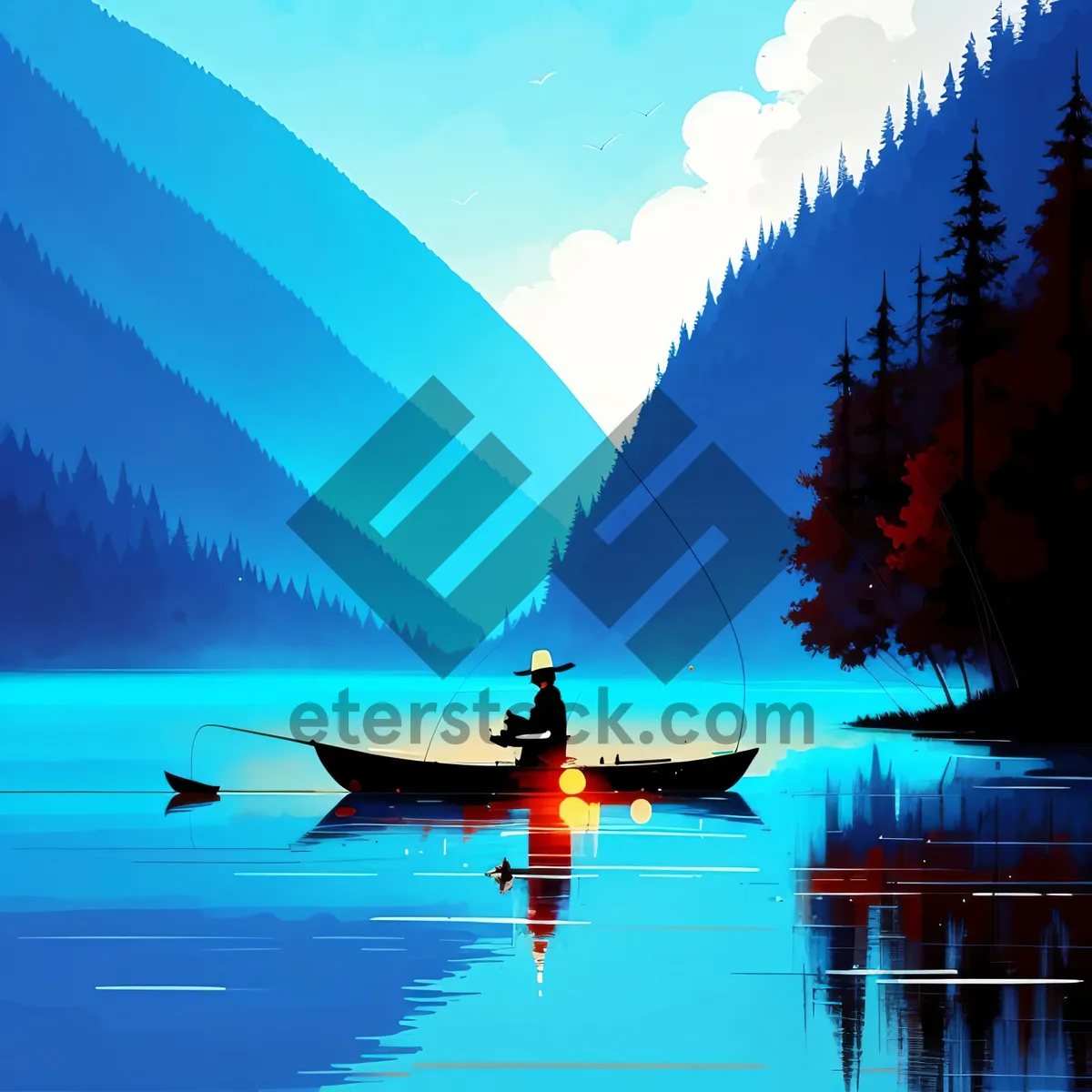 Picture of Serene Waterscape with Majestic Mountains and Vibrant Sky