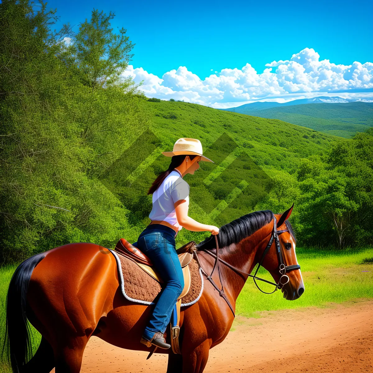 Picture of Brown Stallion Riding in Equestrian Resort