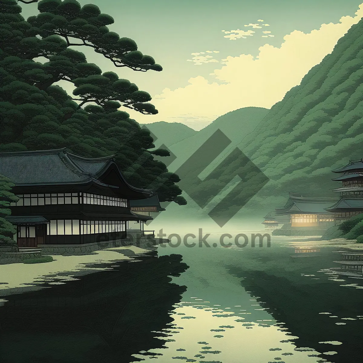 Picture of Tranquil lakeside view with majestic mountains in background.