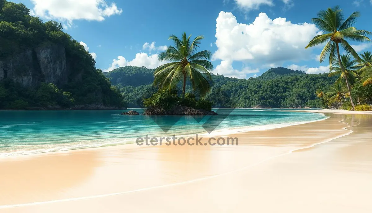 Picture of Tropical paradise beach with palm trees and waves