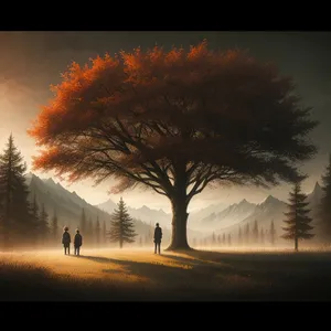 Sunset Silhouette over Snowy Tree Landscape