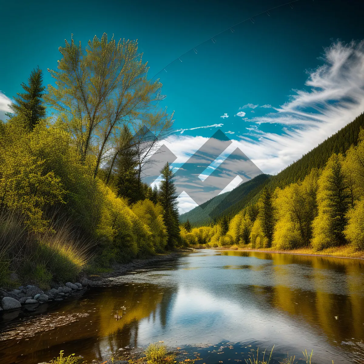 Picture of Autumn Reflections: Serene Forest Sunset Over Lake