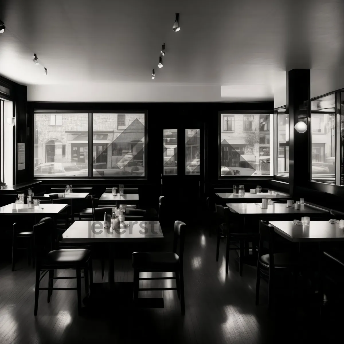 Picture of Modern restaurant interior design with luxurious wooden furniture.