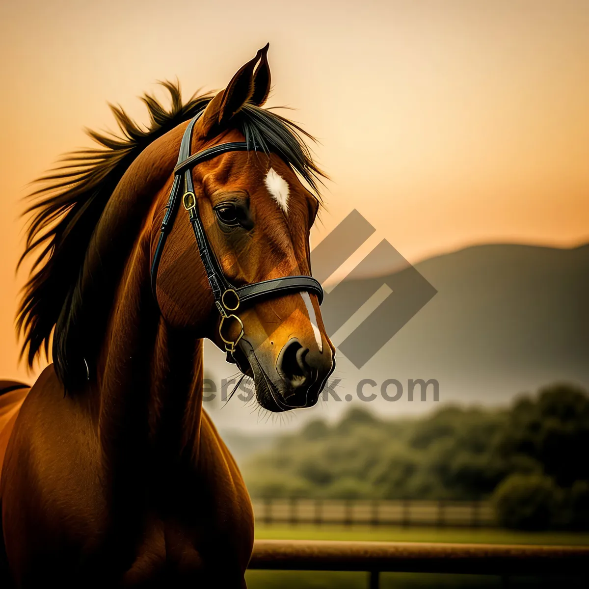 Picture of Stunning Chestnut Thoroughbred Horse Grazing in Rural Pasture