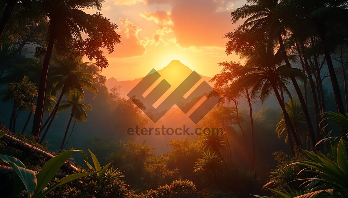 Picture of Silhouette palm tree sunset beach vacation getaway.