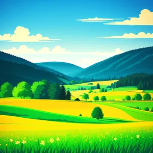 Sunny Countryside Landscape with Colorful Fields and Majestic Sky