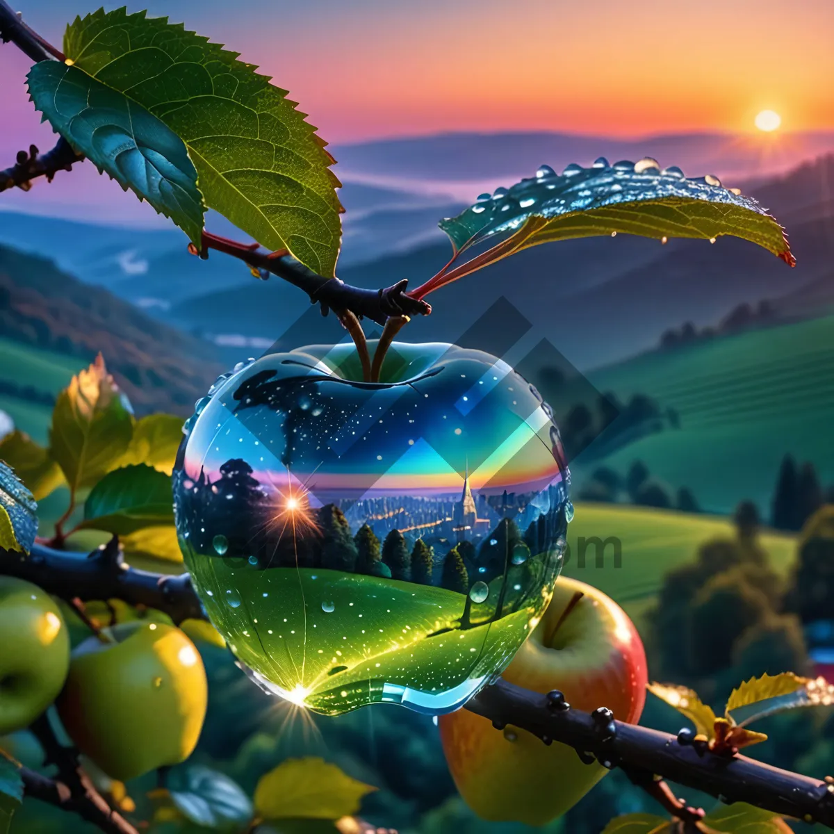 Picture of Golden Delicious Apple on Tree, Fresh and Healthy