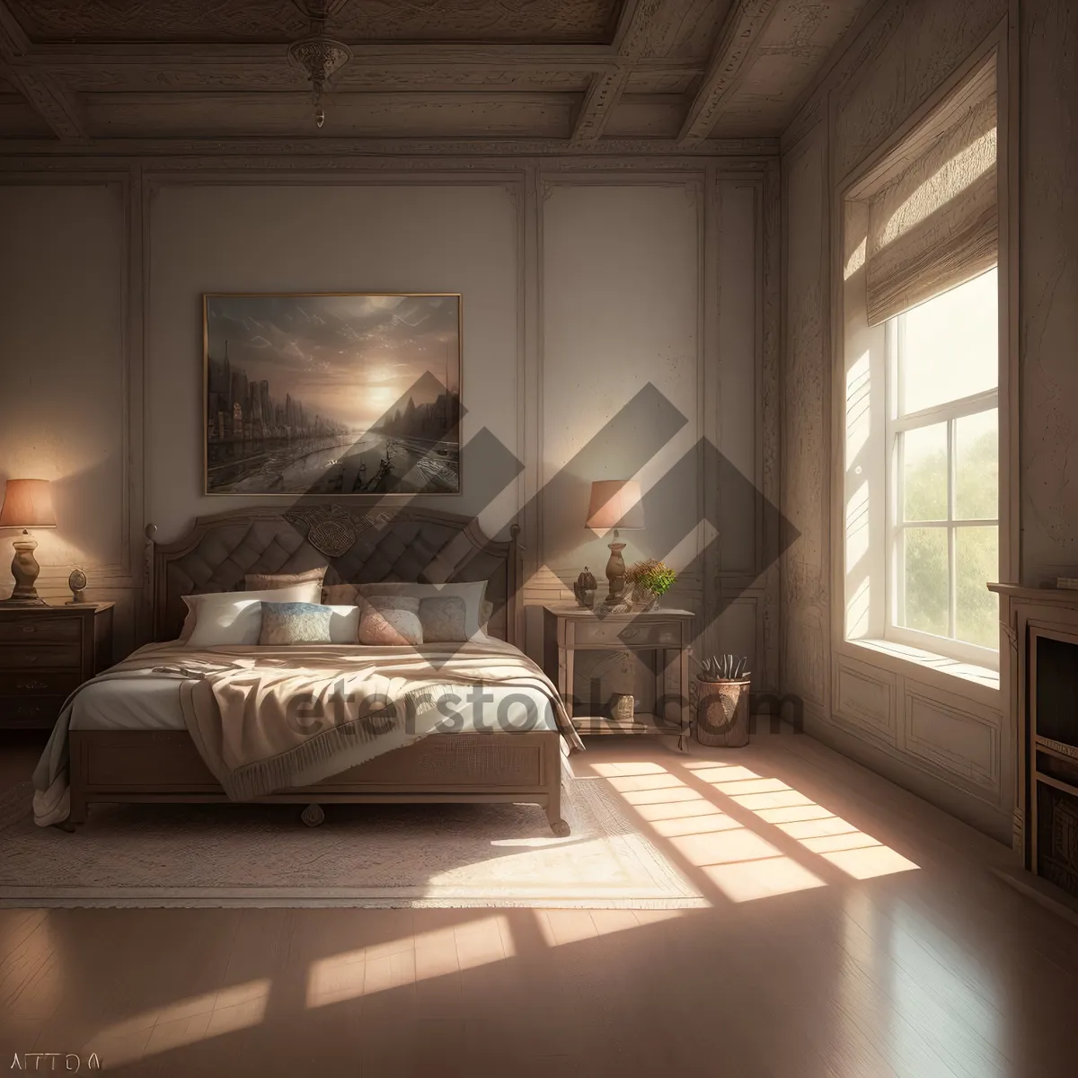 Picture of Cozy bedroom with stylish modern furniture and soothing decor