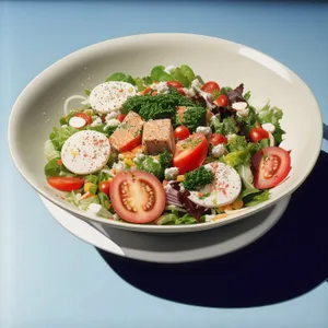 Delicious vegetable salad with fresh tomatoes and lettuce.