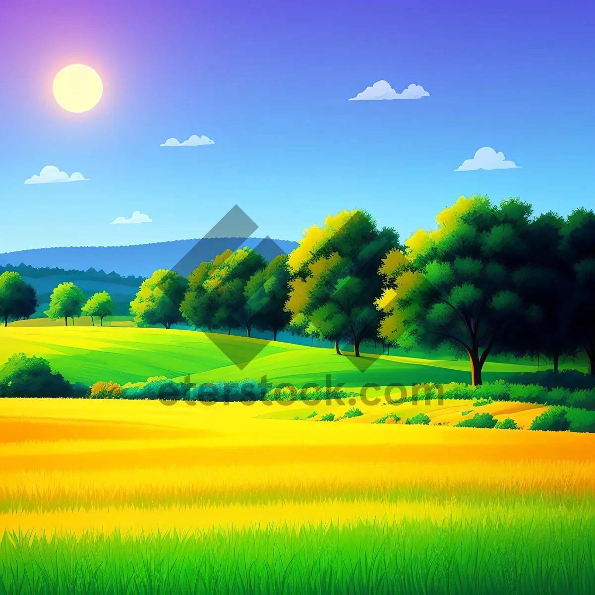 Picture of Vibrant Rural Landscape with Colorful Meadow and Clear Sky