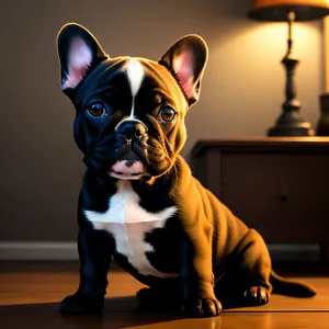 A captivating studio portrait featuring an adorable Bulldog puppy showcasing its charming wrinkles