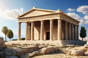 Ancient Temple with Stone Columns and Sky Background