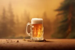 Yellow mug with frothy beer on bar counter.