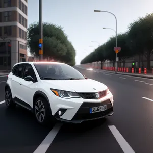 City Car Traffic: Speeding Minivan on Urban Street