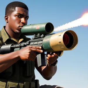 Soldier aiming with military rifle sight