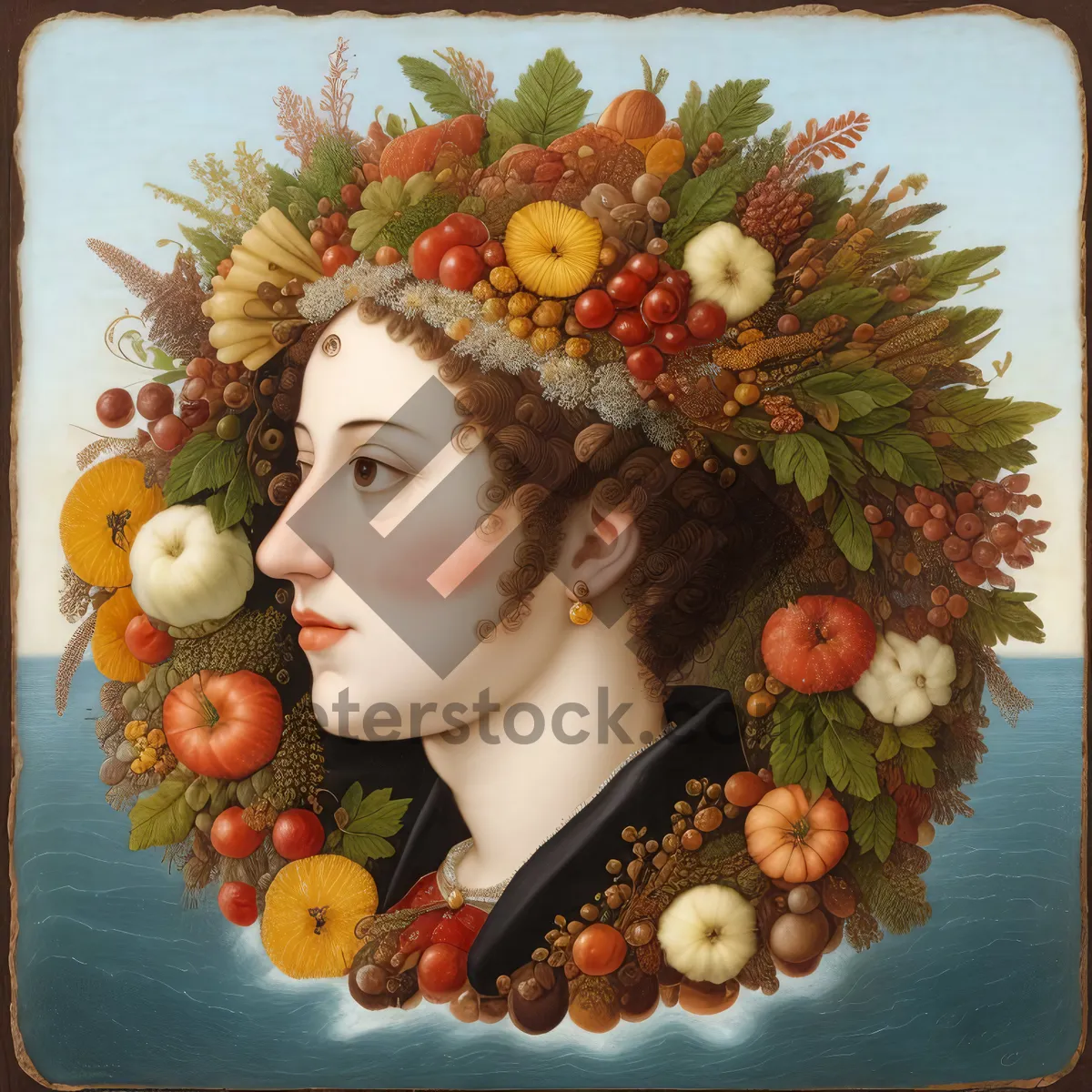 Picture of Doll Portrait: Happy Plaything with Attractive Hair, Fruit, and Flowers