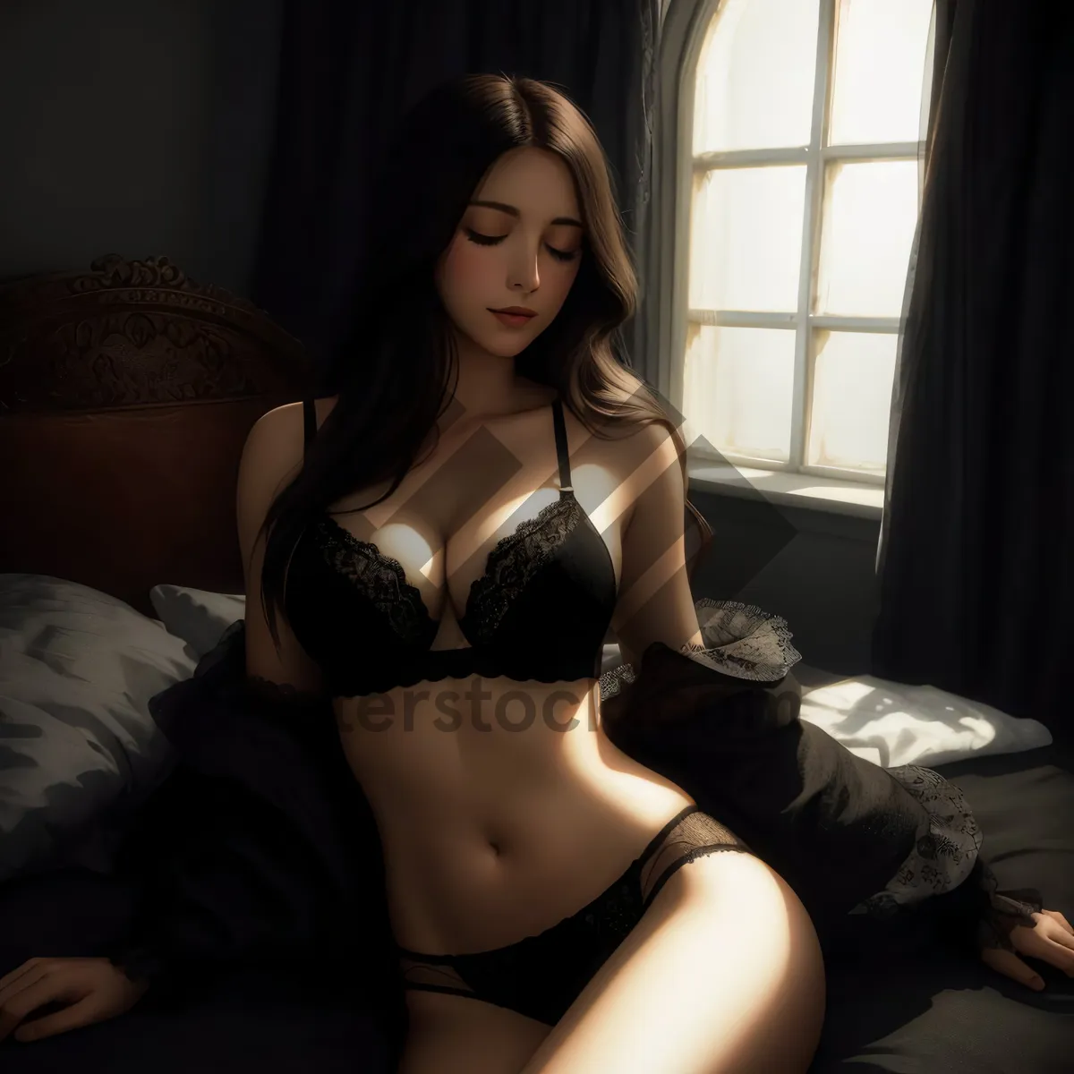 Picture of Sexy black lingerie model with seductive pose.