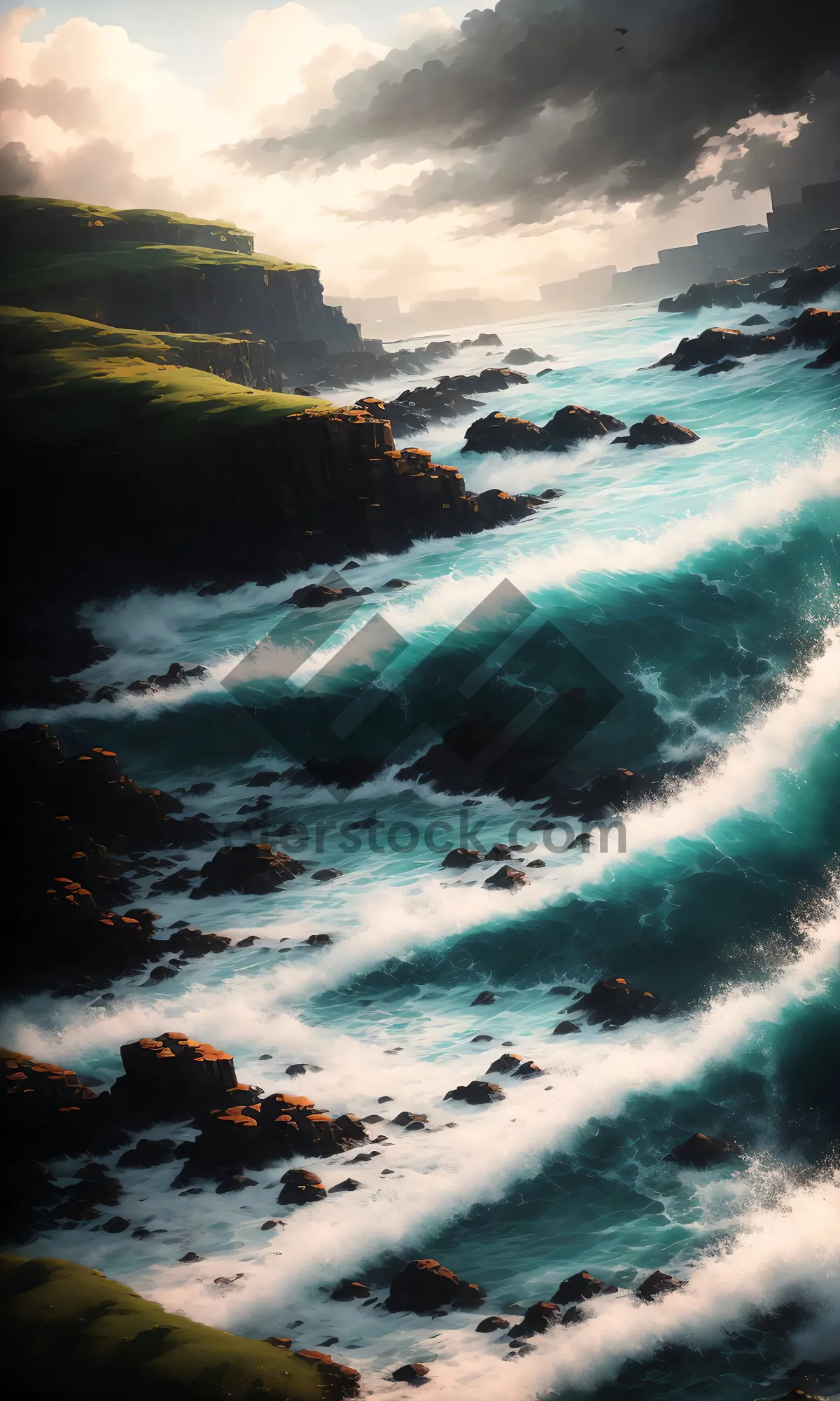 Picture of Tropical beach with waves crashing on shore.