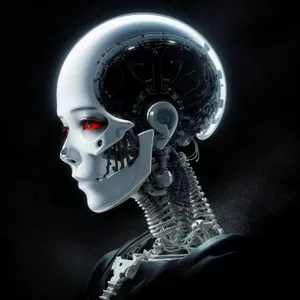 Black 3D human skull anatomy illustration.