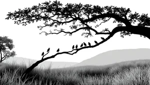 Silhouette Oak Tree in Savanna Landscape.