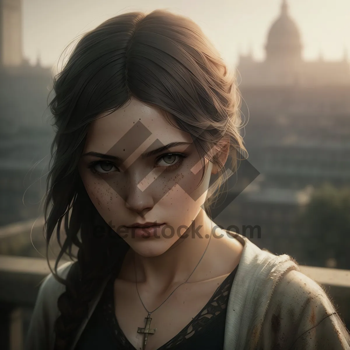 Picture of Smiling brunette lady with beautiful braid and captivating eyes