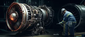 Vintage industrial turbine engine in spotlight