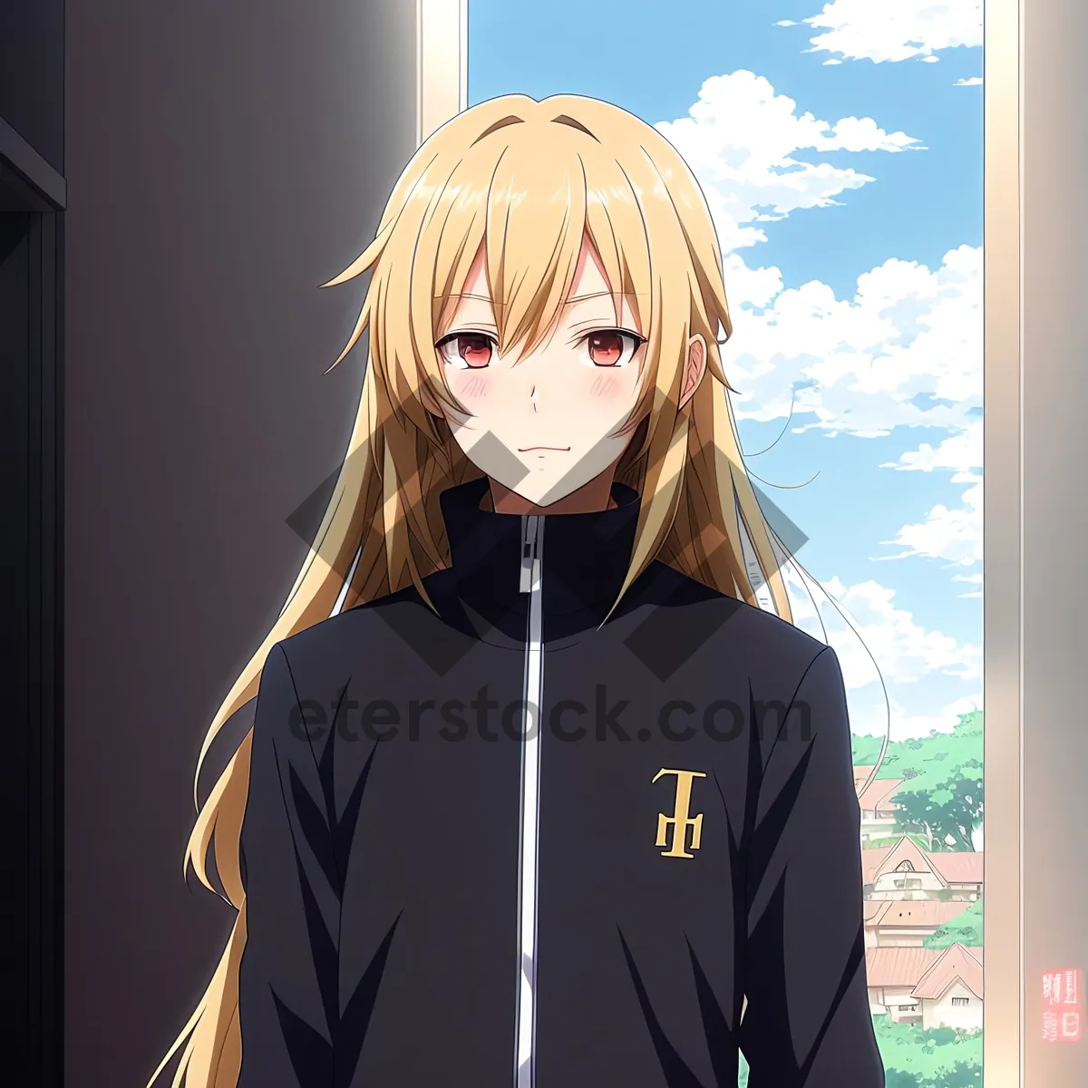 Picture of Blonde beauty in black sweatshirt exudes alluring charm.
