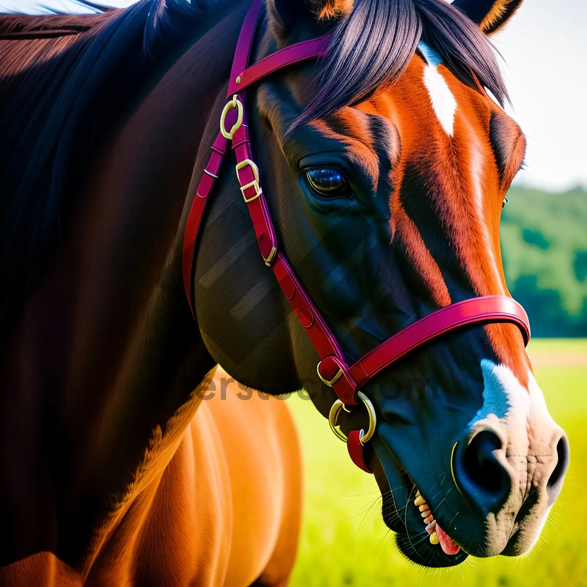 Picture of Thoroughbred stallion with brown bridle and mane.