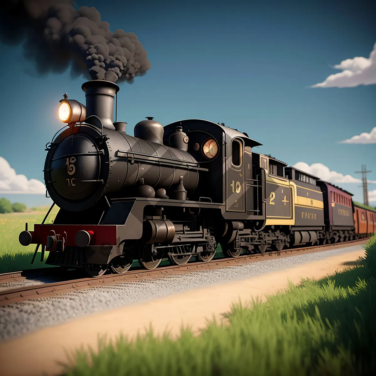 Picture of Vintage Steam Locomotive Chugging Along the Tracks