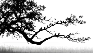 Silhouette of oak tree against sky and forest.