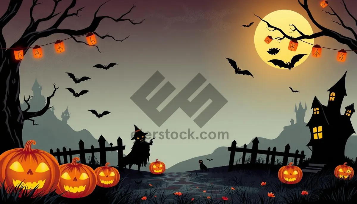 Picture of Spooky Halloween Night in Cemetery with Bat.