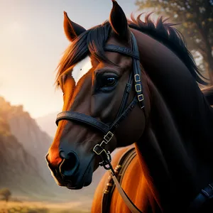 Thoroughbred Stallion with Brown Mane Grazing in the Field