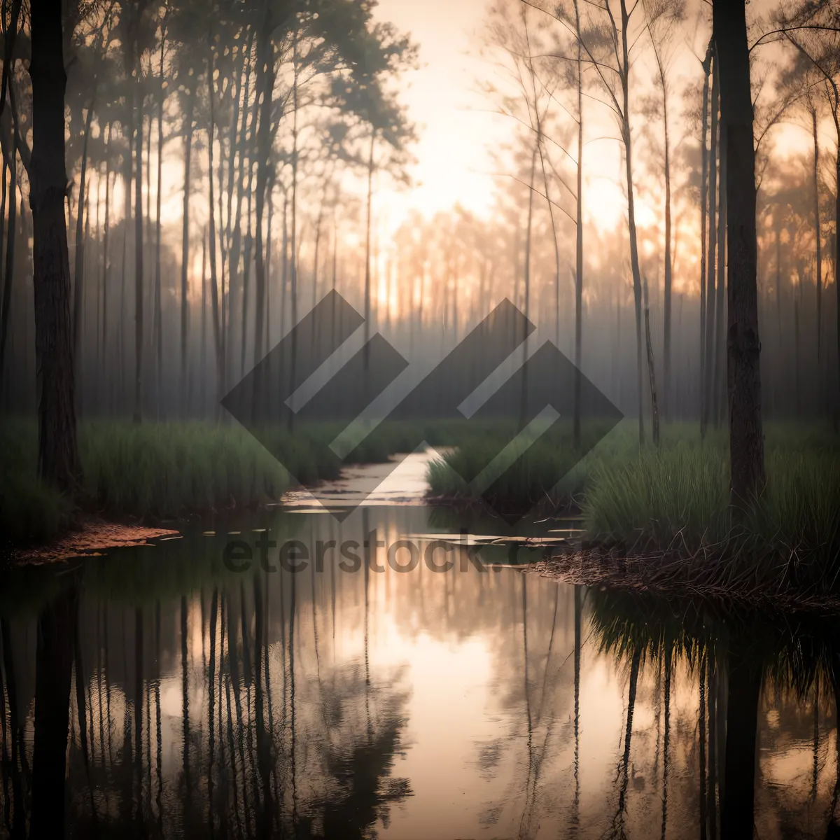 Picture of Tranquil Autumn Scene - Woods, River, Reflecting Sun