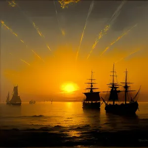 Pirate ship sailing at sunset on the industrial sea