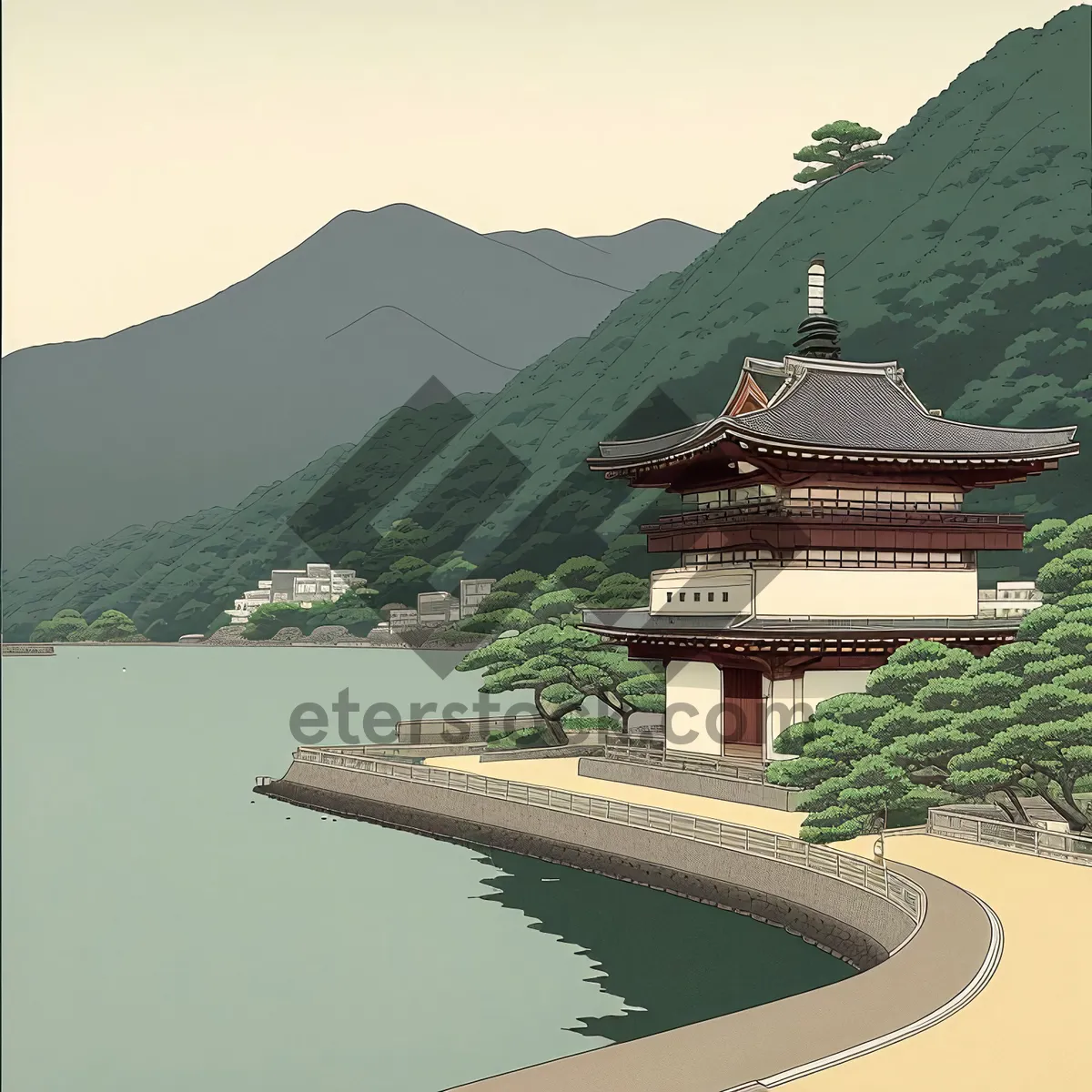 Picture of City skyline with trees and water reflection.