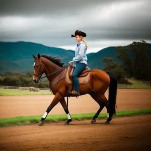 Brown stallion with polo mallet in field.