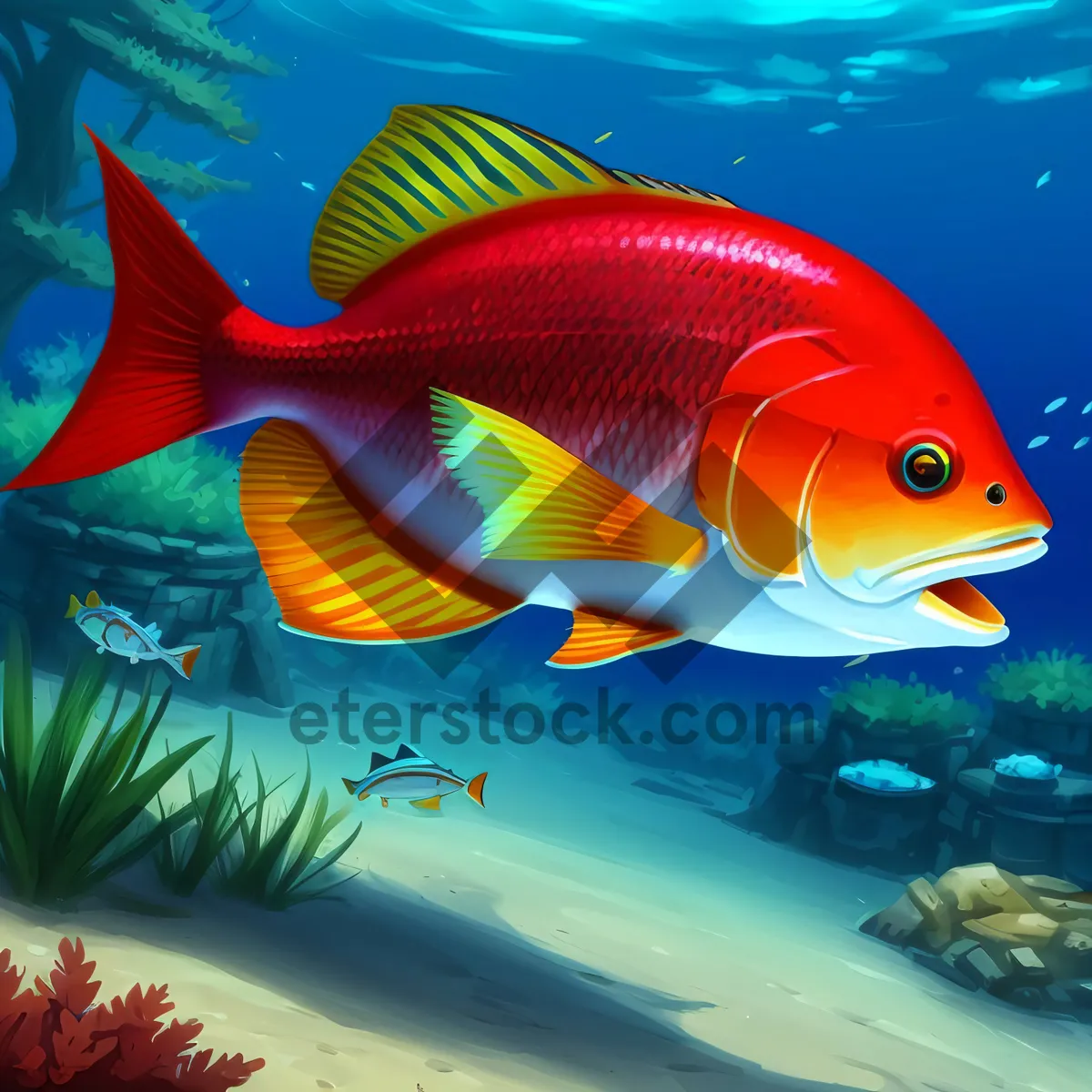 Picture of Vibrant Orange Goldfish Swimming in a Tropical Aquarium