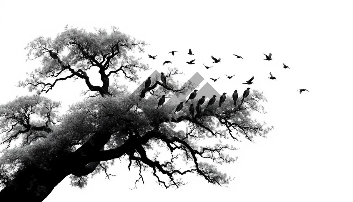 Picture of Winter tree silhouette with leaf and fir branches.
