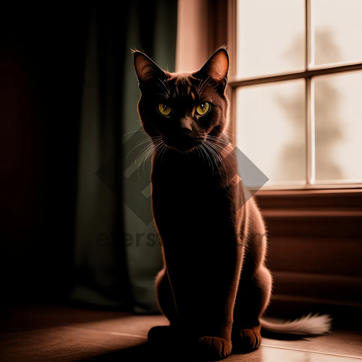 Picture of Feline Cutie on Windowsill: Adorable Domestic Cat with Fluffy Fur